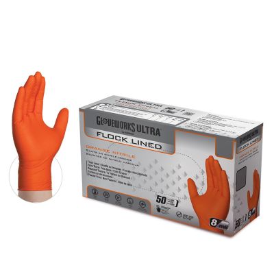 Gloveworks Ultra Flock Lined RDT Orange Nitrile Gloves - Large