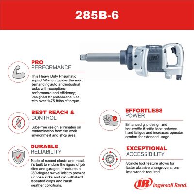Ingersoll Rand 1 Inch Air Impact Wrench, 6 inch Extended Anvil, Heavy Duty, 1770 ft-lb Torque, Friction Ring-Thru-hole Retainer, D-handle Inside Trigger